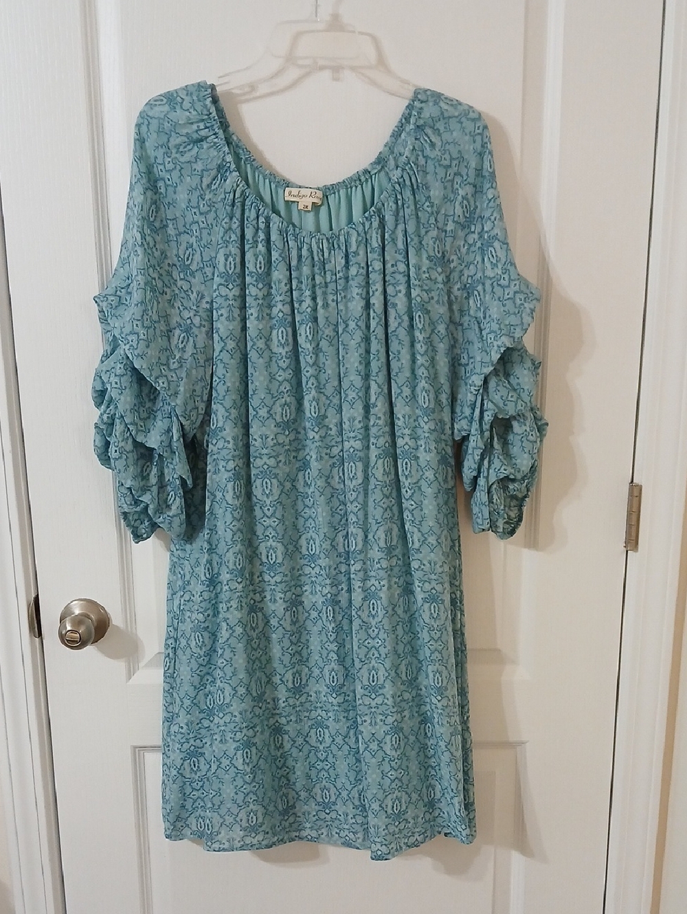 Blue Patterned Ruffle-Sleeve Midi Dress